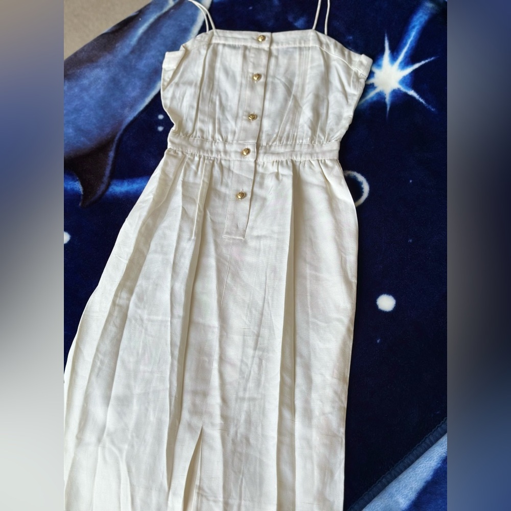 Vintage PSI linen blend ivory color dress w/ spaghetti straps and gold buttons